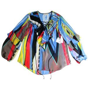 NWT Bisou Bisou Women's Geometric Print Ruffle Sheer Blouse XL X-Large